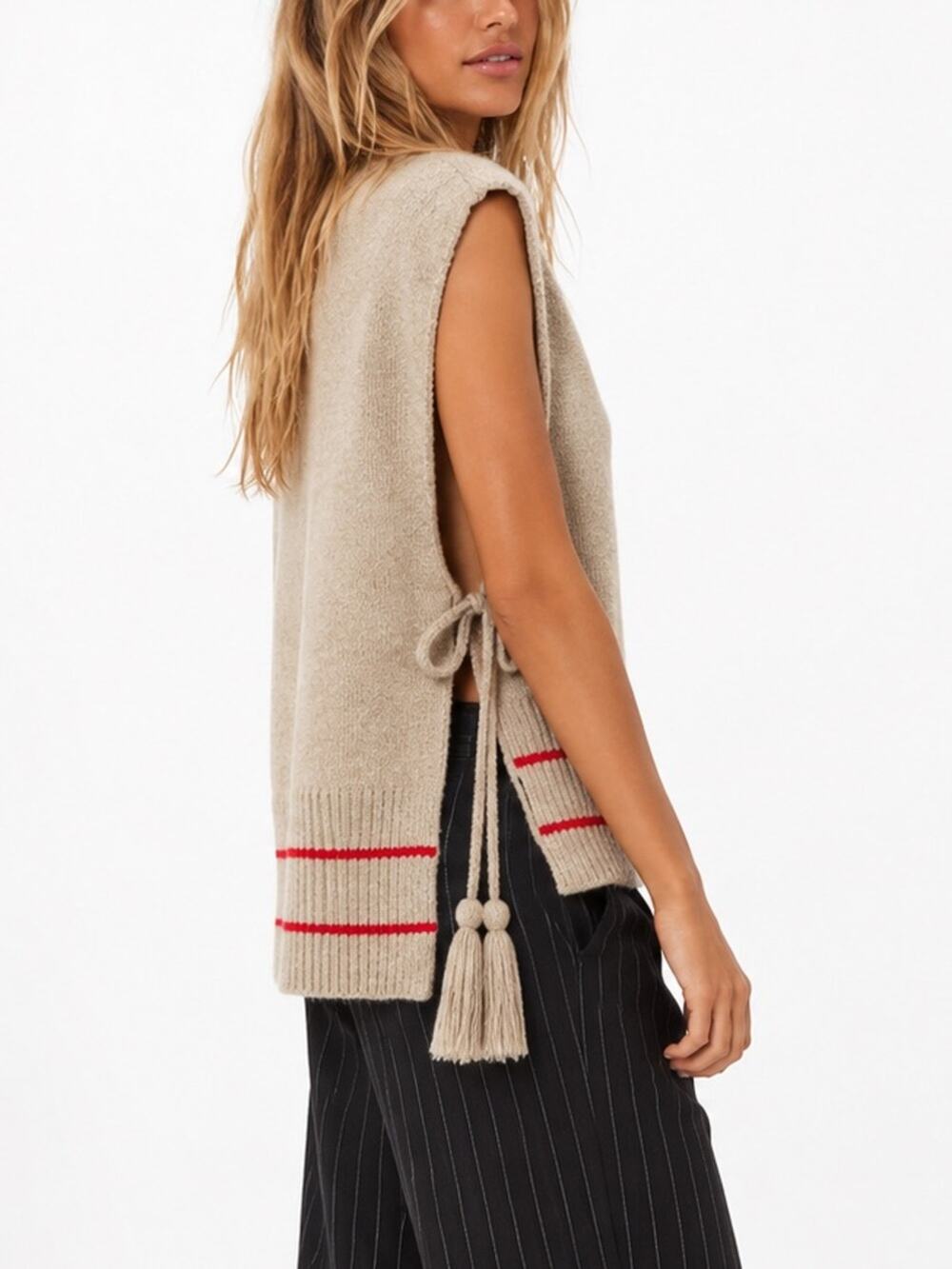 Free People Tan Knit V-Neck Sweater Vest with Red Stripe Trim One Size